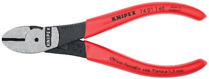 Tång med röd-svart handtag, stämpel "KNIPEX", text på sidan: "Chrom-Vanadin cap. Piano 1,5 mm".