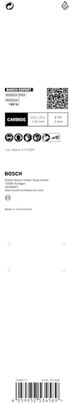 Förpackning med Bosch carbide multiconstruction borr; innehåller QR-kod, produktinformation och streckkod.