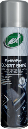 Sprayflaska med etikett "Turtle Wax Cockpit Shine". Silverlock och svart etikett med produkttext.