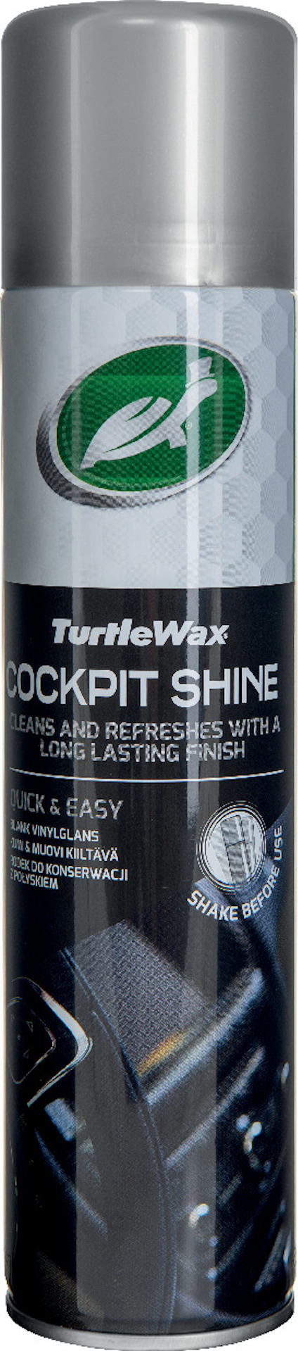 Sprayflaska med etikett "Turtle Wax Cockpit Shine". Silverlock och svart etikett med produkttext.
