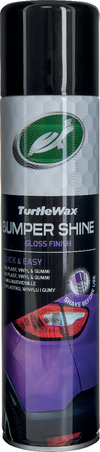 Sprayburk med Turtle Wax Bumper Shine för blank finish på bilens stötfångare.