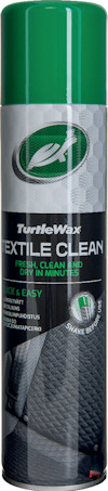 Sprayburk med grönt lock och etikett märkt "Turtle Wax Textile Clean".