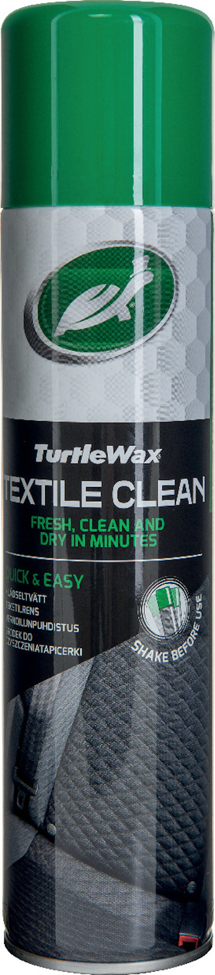 Sprayburk med grönt lock och etikett märkt "Turtle Wax Textile Clean".