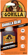 Förpackning av Gorilla Glue, 60 ml, med en illustration av en gorilla och text om limmets styrka och kompatibilitet med olika material.