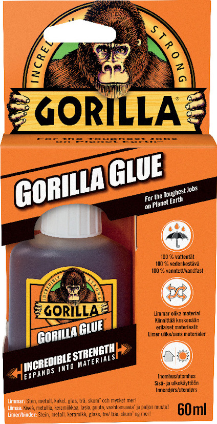 Förpackning av Gorilla Glue, 60 ml, med en illustration av en gorilla och text om limmets styrka och kompatibilitet med olika material.