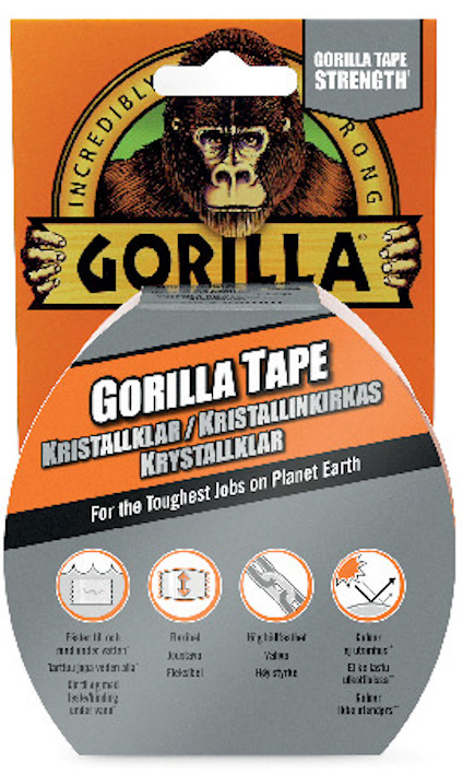 Förpackning med Gorilla Tape, kristallklar. Text: "For the Toughest Jobs on Planet Earth".