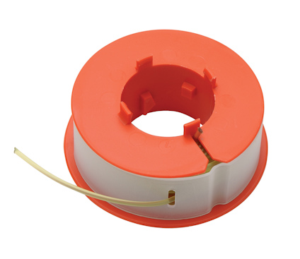 Orange och vit trimmerspole med en utstickande tråd.