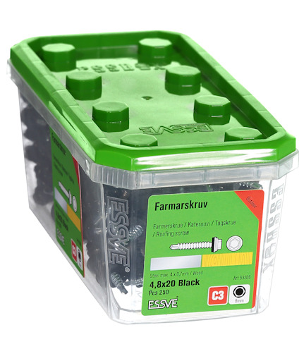 Plastförpackning med 250 farmarskruv 4,8x20 mm, svart. Märke: ESSVE.