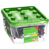 Plastask med grönt lock innehållande röda farmarskruvar, text: "Farmarskruv 4,8x35 Red" och "ESSVE".