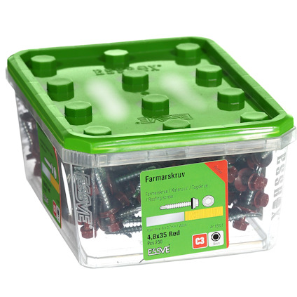 Plastask med grönt lock innehållande röda farmarskruvar, text: "Farmarskruv 4,8x35 Red" och "ESSVE".