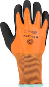 Orange arbetshandske med svart greppyta, text "TEGERA MODEL 8834" på baksidan, ribbad mudd.