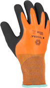 Arbetshandske i orange och svart med ribbad orange och grön mudd, märkt "TEGERA" och modellnummer "8832R".