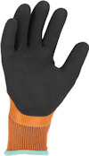 Arbetshandske med svart foamöverdrag och orange stickad handledsmanschett.