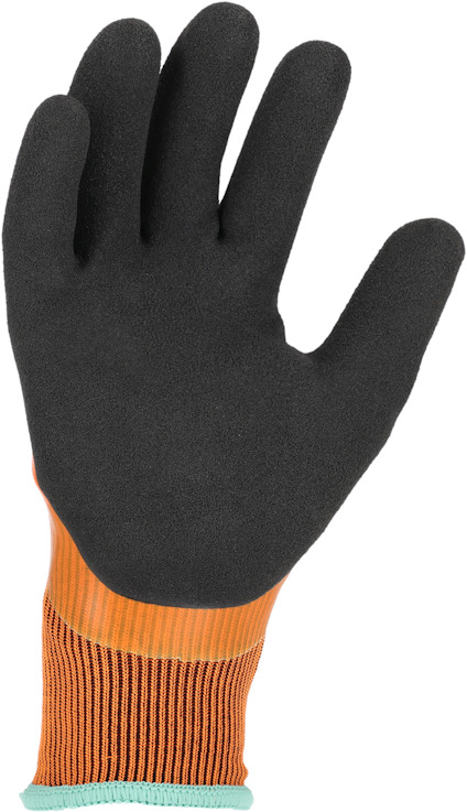 Arbetshandske med svart foamöverdrag och orange stickad handledsmanschett.