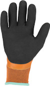 Arbetshandske i svart och orange med blå kant vid handleden.