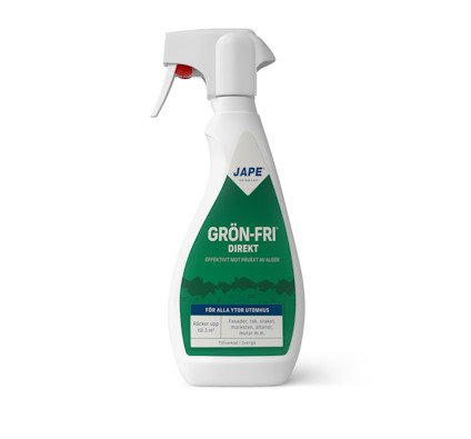 Vit sprayflaska med etiketttext "Jape Grön-Fri Direkt" och röd sprayanordning.