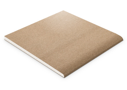 Brun gipsskiva med vit kant, liggande på en vit bakgrund.