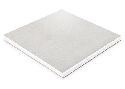 En fyrkantig gipsskiva med vit yta och grå kärna, sedd i vinkel.
