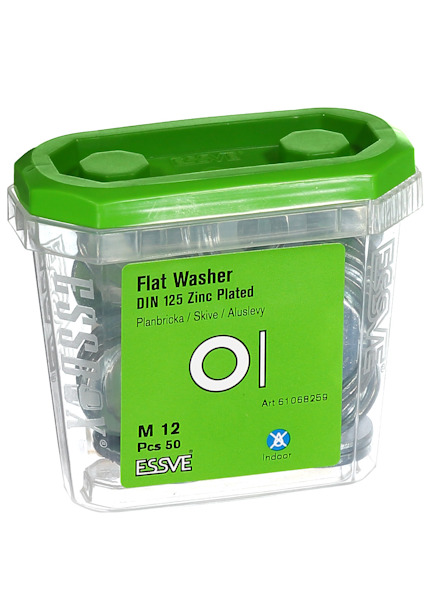 Behållare med platta brickor, märkt "Flat Washer DIN 125 Zinc Plated, M 12, 50 st, Essve".
