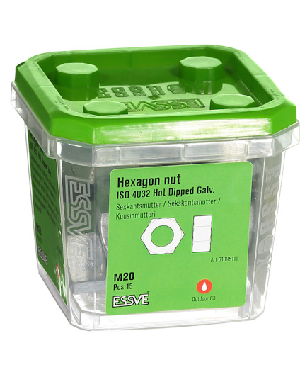 Förpackning med grönt lock innehållande Hexagon nut, ISO 4032, M20, av ESSVE.