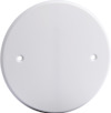 Vit, rund doslock med två små hål för montering.