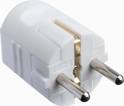 Vit jordad stickpropp i nylon med raka stift, sedd från sidan.