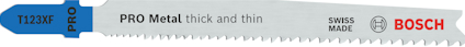 Sticksågblad med texten "T123XF PRO Metal thick and thin, Swiss Made, BOSCH".