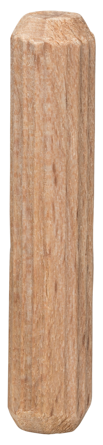 Träplugg med fasade kanter, vertikalt placerad, träfärgad yta.