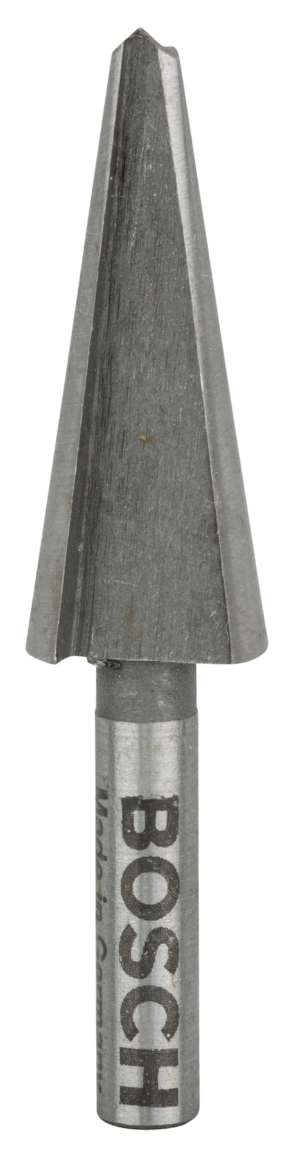 Konformad metallborr från Bosch, med skarp spets och text "BOSCH" synlig på skaftet.