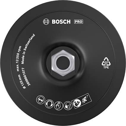 Rund, svart Bosch slipkåpa med säkerhetssymboler och text: "max 12,250 rpm, Made in Switzerland".