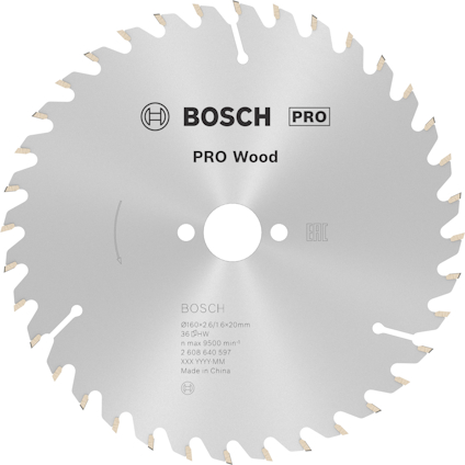 Cirkelsågblad från Bosch, med texten "PRO Wood" och tekniska specifikationer.
