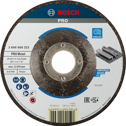Rund sliprondell från Bosch med text: "PRO Metal, max. 12,250 rpm, Ø 125 x 6 x 22,23 mm, A 30 T BF".