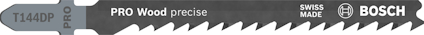 Sticksågblad med texten "T144DP PRO Wood precise SWISS MADE BOSCH".