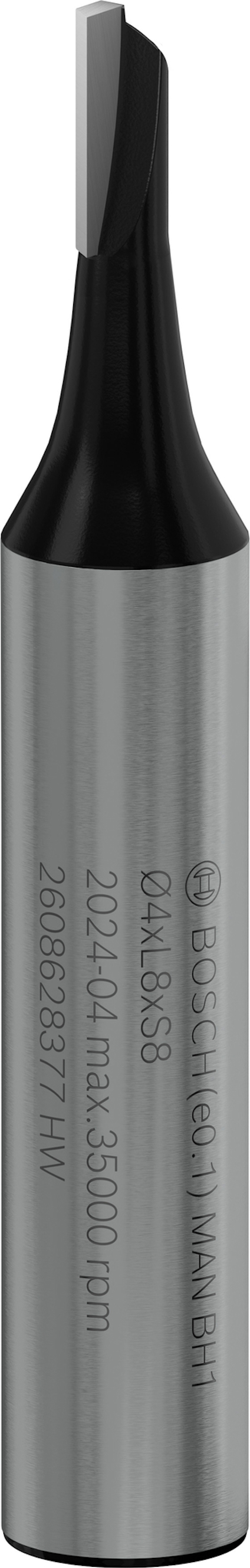 Metallborr med graverad text, svart spets, silverfärgad kropp.