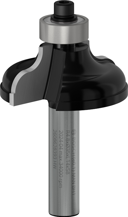 Borrfräs med metallcylinder, svarta och stålgrå delar, märkt "Bosch" och "R2 40 45 93 L 12K 858".