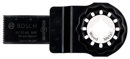 Multiverktygsblad från Bosch med text "AIZ 20 AB BIM", "Wood + Metal", och "Swiss Made".