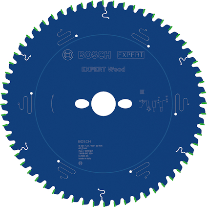 Cirkelsågklinga av märket Bosch, Expert Wood. Blå färg med grön kant.