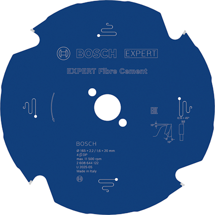 Blå cirkelsågklinga med Bosch-logotyp och texten "EXPERT Fibre Cement" samt tekniska specifikationer.