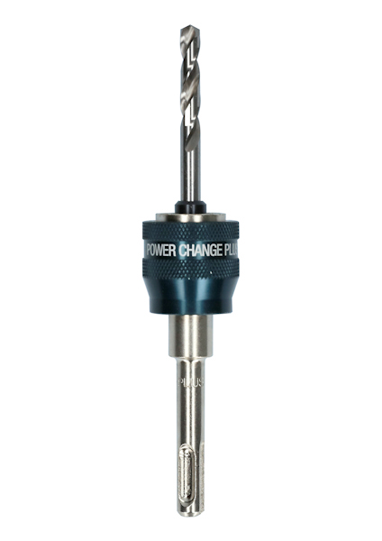Borrhållare med två borrar, texten "POWER CHANGE" synlig på den blå delen.