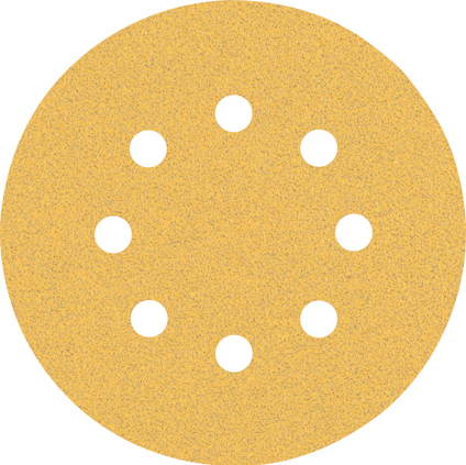 Rund sandpapper med ojämn yta och åtta cirkulära hål jämnt fördelade över ytan.