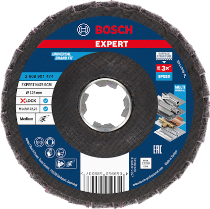 Rund sliprondell med Bosch-logotyp och texten "EXPERT". Diameter 125 mm, indikerar kompatibilitet och specifikationer.
