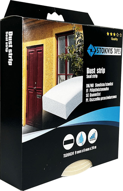 Förpackning för dammlist från Stokvis Tapes med illustration av list och fönster. Text på olika språk.