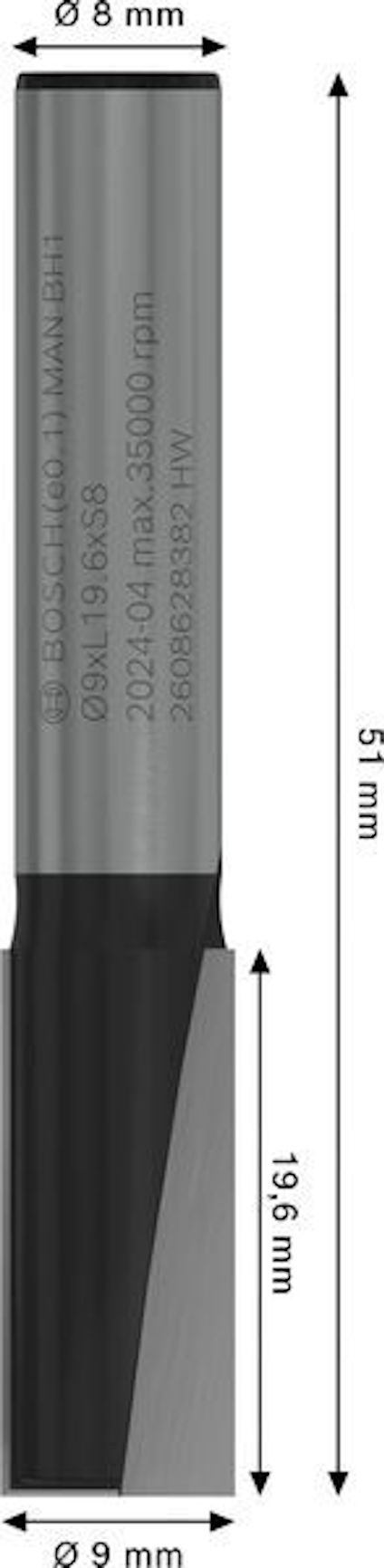 Grå cylinderformad metallstång med text och pilar som anger mått: 8 mm, 51 mm, 19,6 mm, 9 mm.
