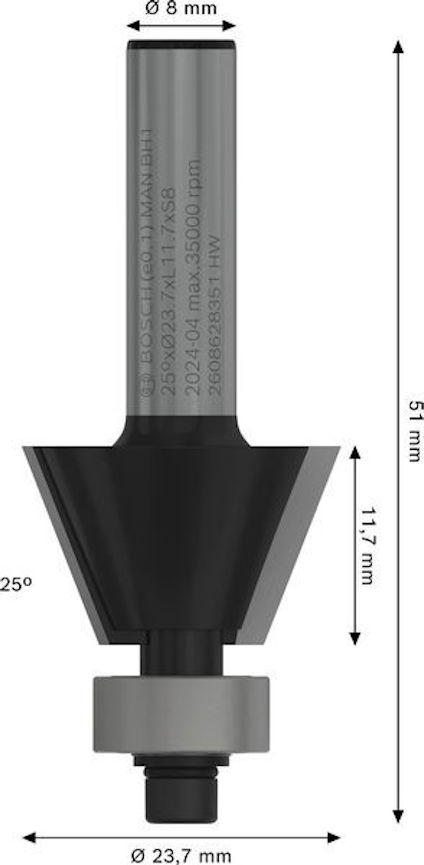 Frässtål med 25° vinkel, 8 mm diameter skaft, totalt 51 mm höjd, skärdjup 11,7 mm, bottendiameter 23,7 mm.