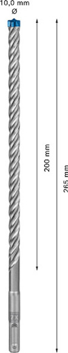 Borr med spiraldesign och måttangivelse: Ø 10,0 mm, längd 200 mm, total längd 265 mm.