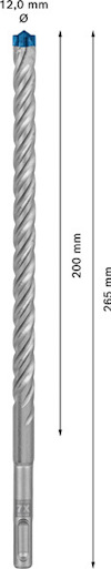 Borr i metall med spiraldesign, längdangivelser: 200 mm och 265 mm, märkning "12,0 mm" upptill.