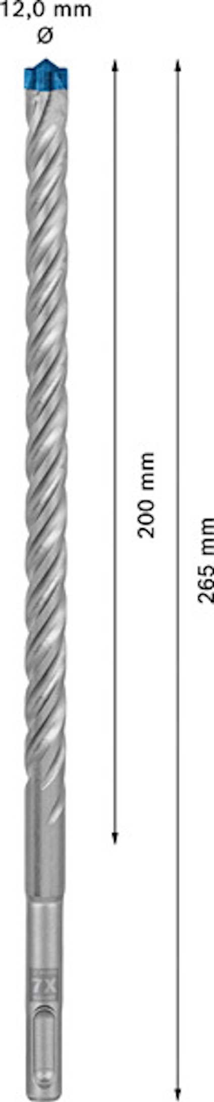 Borr i metall med spiraldesign, längdangivelser: 200 mm och 265 mm, märkning "12,0 mm" upptill.