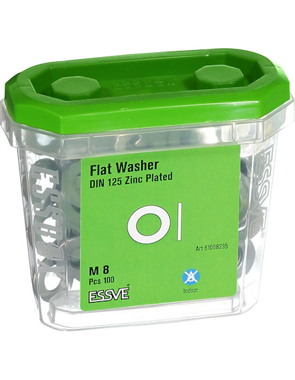 Plastlåda med grönt lock innehållandes 100 st M8 zinkpläterade brickor, märkt "ESSVE".