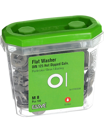 Förpackning med plana brickor M8, 125 stycken. Text inkluderar "Flat Washer DIN 125 Hot Dipped Galv."