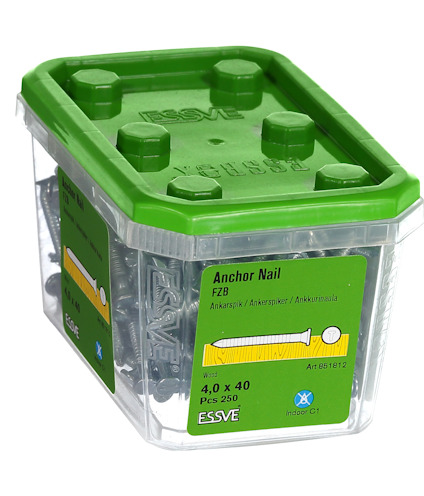 Plastlåda med ankarskruvar, ESSVE-märke, 4,0 x 40 mm, 250 st. Grön märkning, art.nr: 81612.